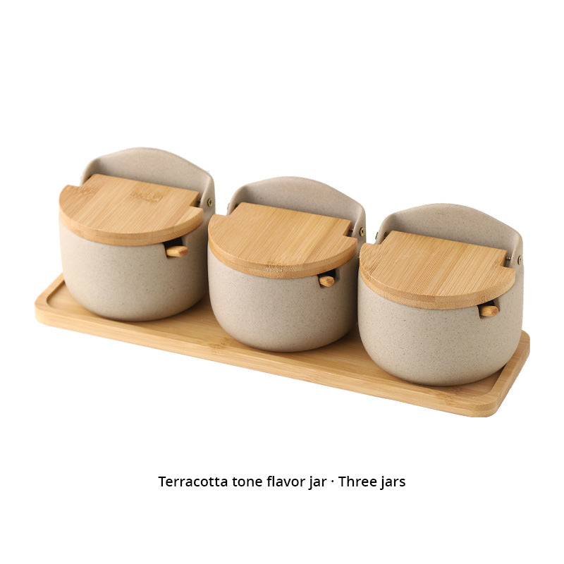 Japanese Ceramic Bamboo and Wood Lid Seasoning Jar Seasoning Box Kitchen Seasoning