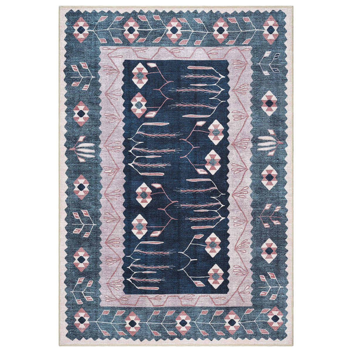 Marceline Navy Blue Floral Turkish Kilim Rug