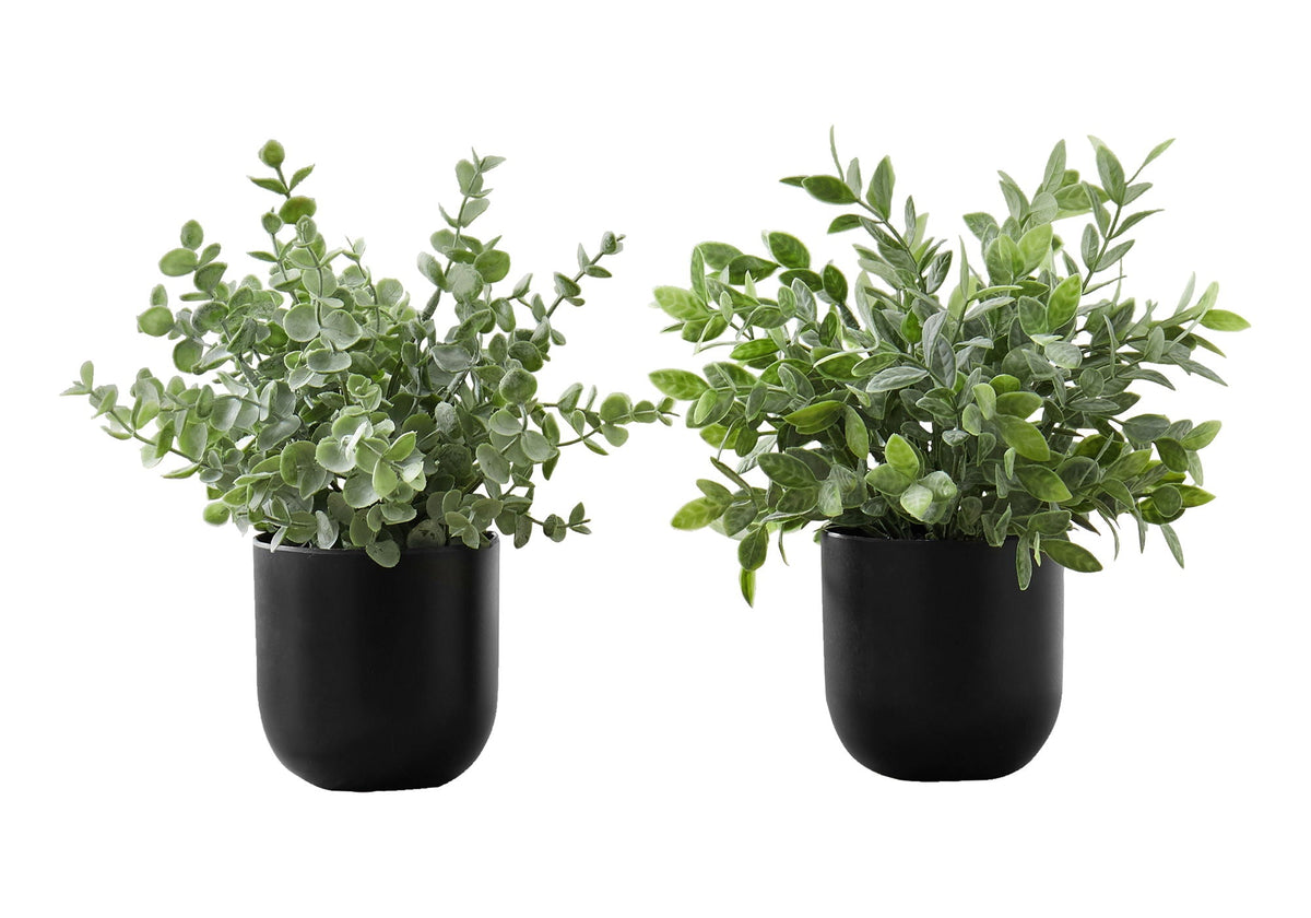 11" Tall, Artificial Eucalyptus Grass, Indoor, Faux, Table, Potted, (Set of 2) - Green / Black