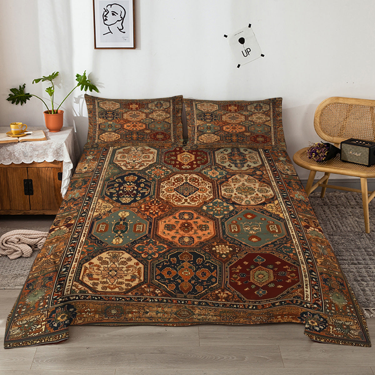 4pcs Retro Bohemian Geometric Style Minimalist Comfort Series Bed 1Fitted Sheet 1 Sheet And Two Pillowcases Bedding For All Seasons Use