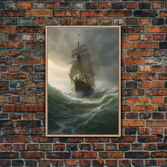 Haunted Pirate Ghost Ship On Rough Seas, Framed Canvas Print