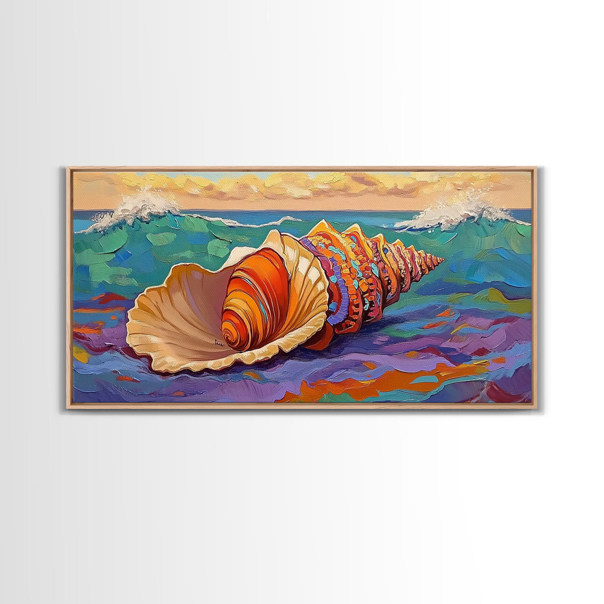 Seashell Ocean, Beach, Canvas Print, Nautical Bathroom Wall Art, Vibrant Marine Painting