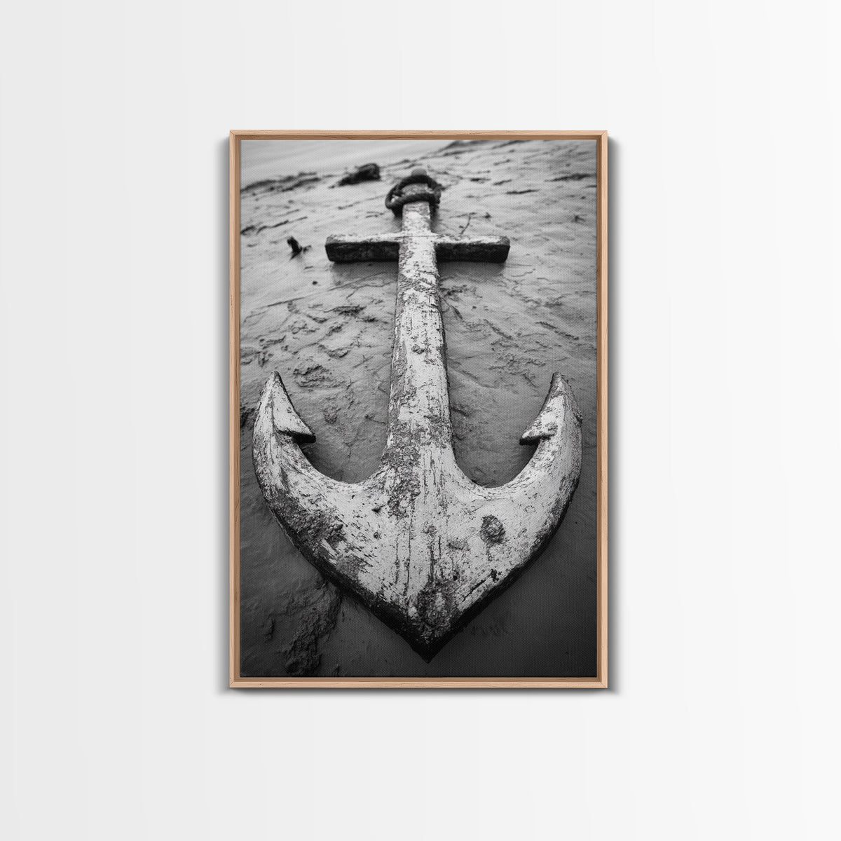 Abandoned Anchor, Nautical Decor, Black White Beach, Framed Canvas Print, Rustic