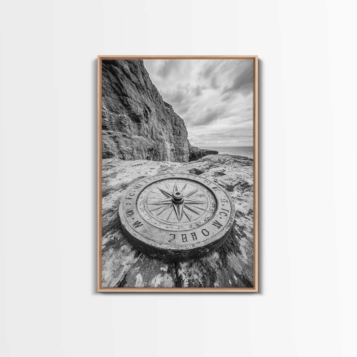 Compass On Cliff, Adventure Travel Art, Nautical Wall Decor, Framed Canvas Print
