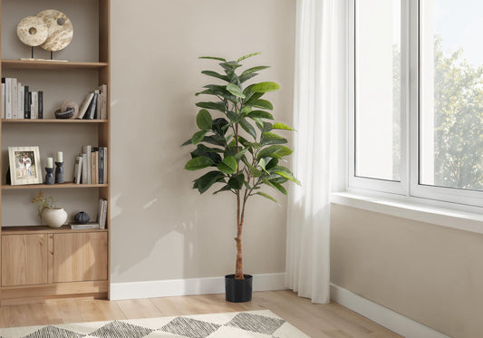 52" Tall, Artificial, Rubber Tree, Indoor, Faux, Fake, Floor, Potted, Real Touch- Green / Black