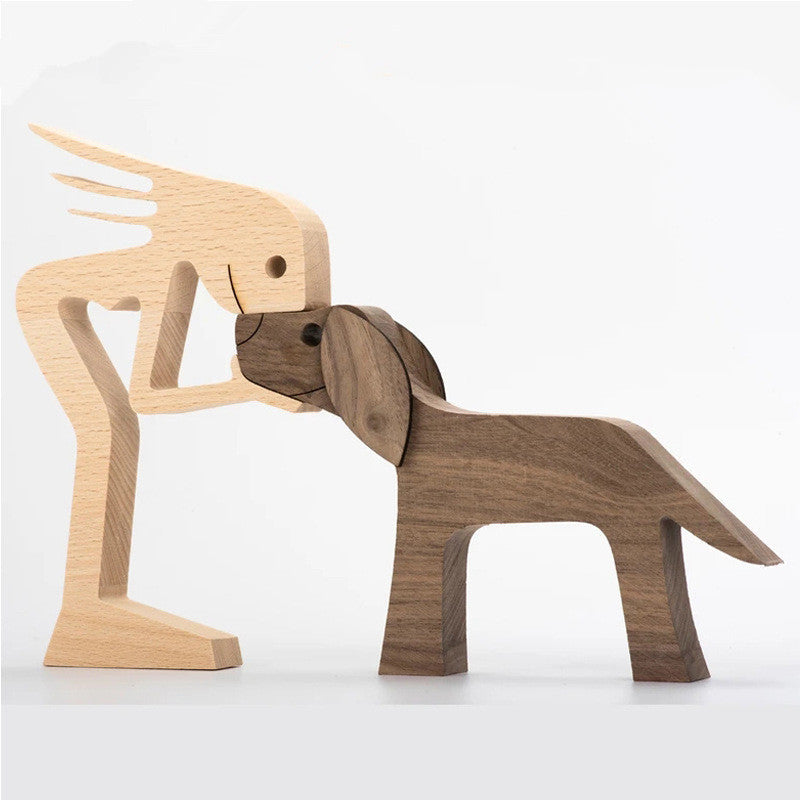 DIY Figurine Wood Dog Ornament Sculpture Home Decoration A Man A Dog Wood Sculpture