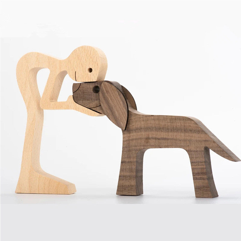 DIY Figurine Wood Dog Ornament Sculpture Home Decoration A Man A Dog Wood Sculpture