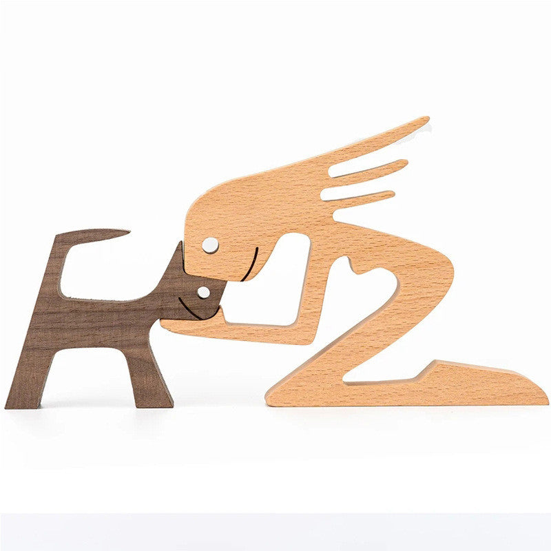 DIY Figurine Wood Dog Ornament Sculpture Home Decoration A Man A Dog Wood Sculpture