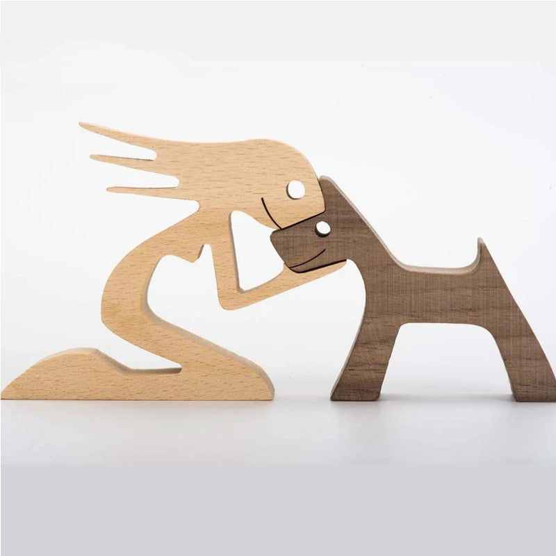 DIY Figurine Wood Dog Ornament Sculpture Home Decoration A Man A Dog Wood Sculpture