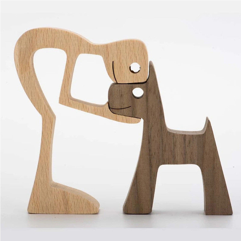 DIY Figurine Wood Dog Ornament Sculpture Home Decoration A Man A Dog Wood Sculpture