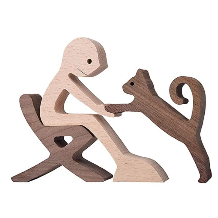 DIY Figurine Wood Dog Ornament Sculpture Home Decoration A Man A Dog Wood Sculpture