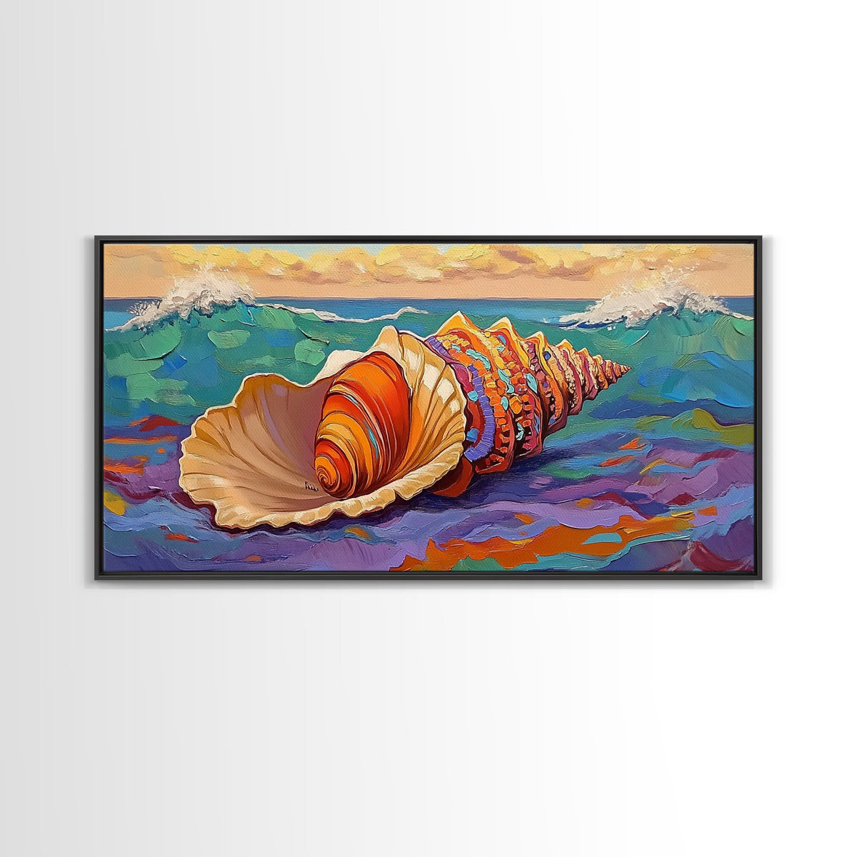 Seashell Ocean, Beach, Canvas Print, Nautical Bathroom Wall Art, Vibrant Marine Painting