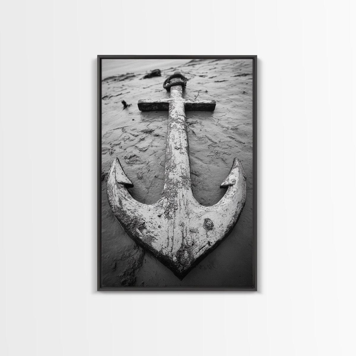 Abandoned Anchor, Nautical Decor, Black White Beach, Framed Canvas Print, Rustic