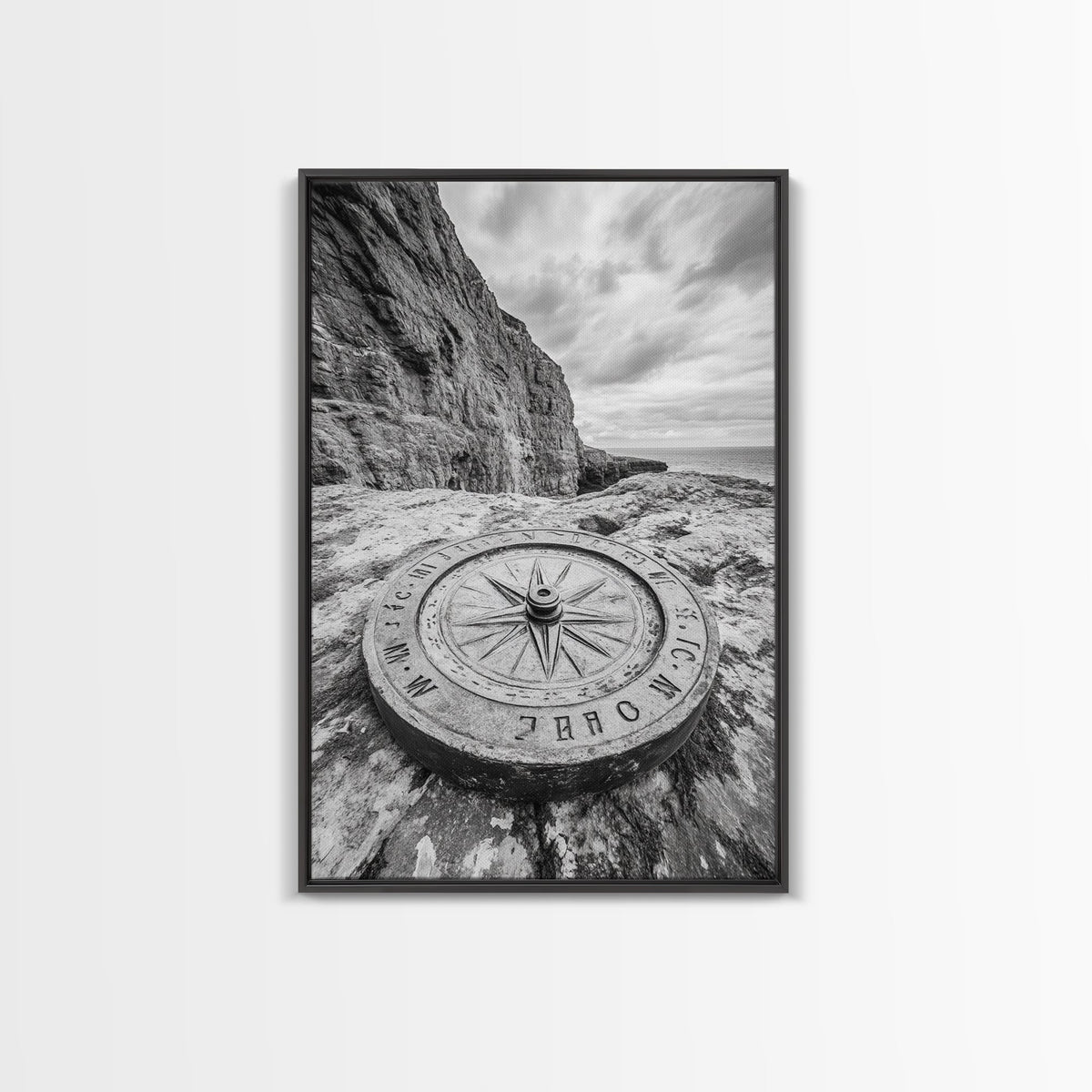 Compass On Cliff, Adventure Travel Art, Nautical Wall Decor, Framed Canvas Print