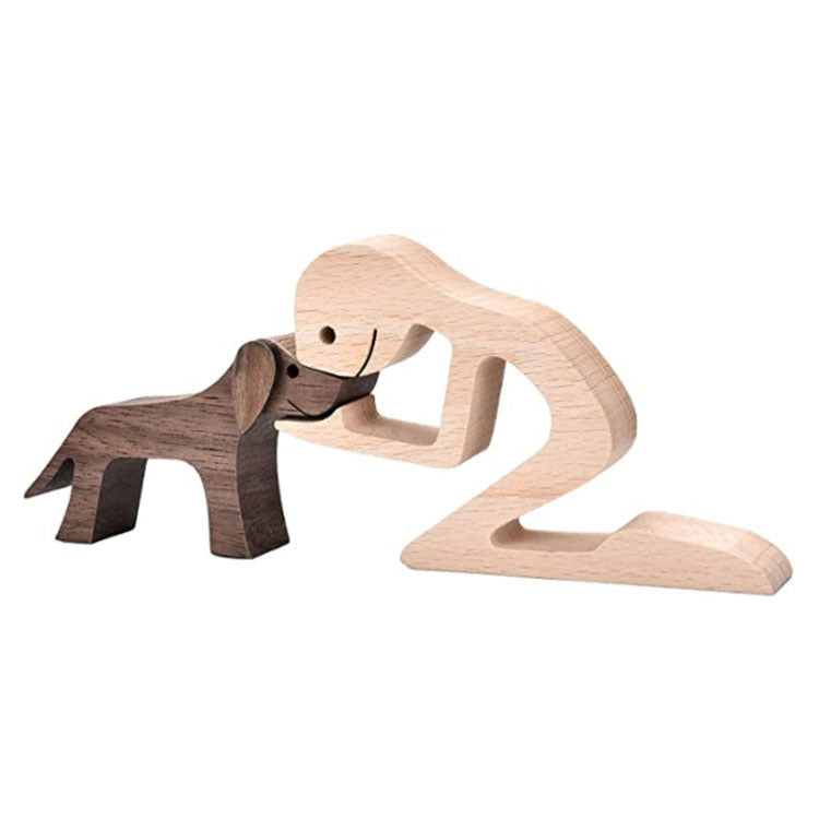 DIY Figurine Wood Dog Ornament Sculpture Home Decoration A Man A Dog Wood Sculpture