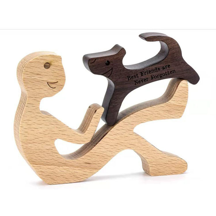 DIY Figurine Wood Dog Ornament Sculpture Home Decoration A Man A Dog Wood Sculpture