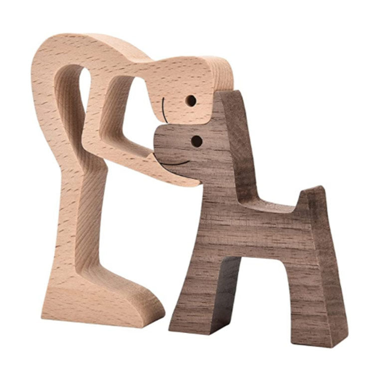 DIY Figurine Wood Dog Ornament Sculpture Home Decoration A Man A Dog Wood Sculpture