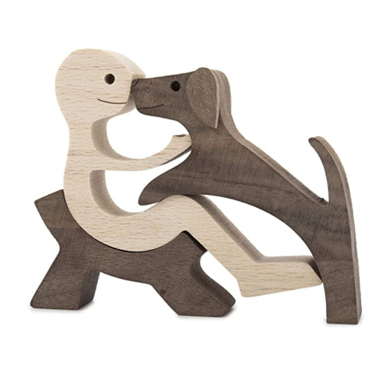 DIY Figurine Wood Dog Ornament Sculpture Home Decoration A Man A Dog Wood Sculpture