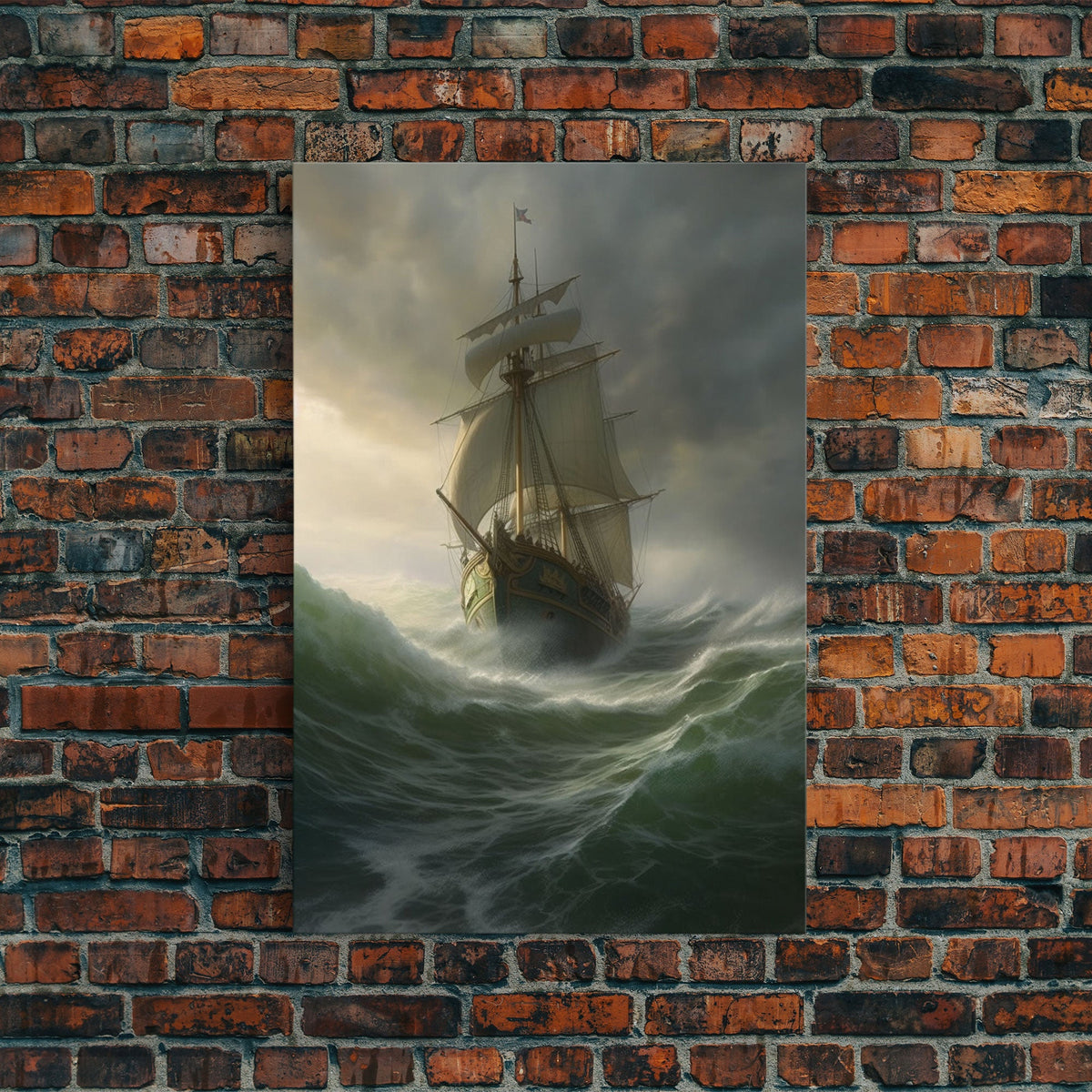 Haunted Pirate Ghost Ship On Rough Seas, Framed Canvas Print