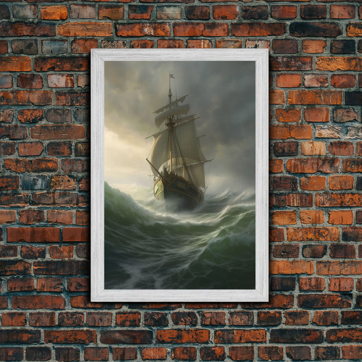 Haunted Pirate Ghost Ship On Rough Seas, Framed Canvas Print