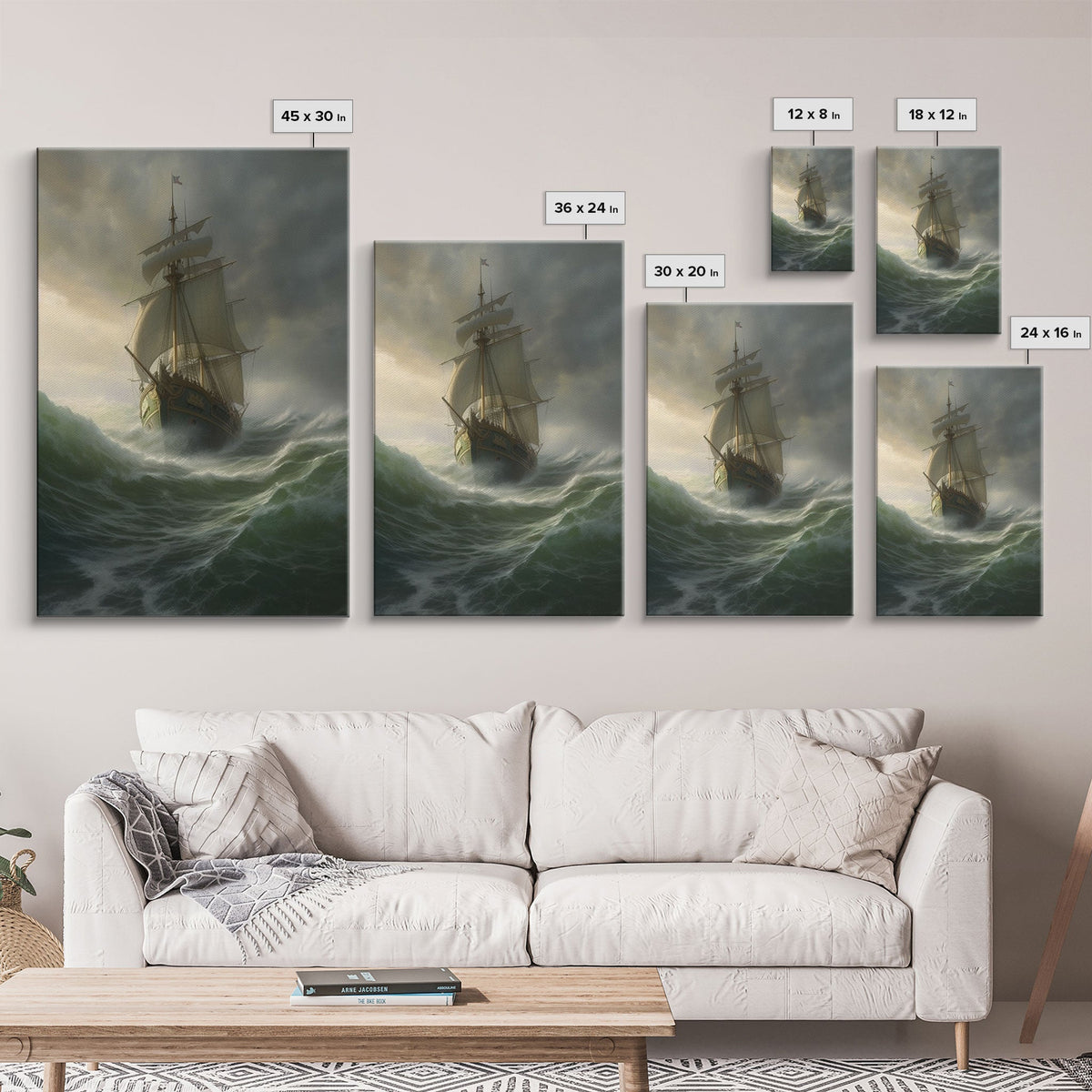 Haunted Pirate Ghost Ship On Rough Seas, Framed Canvas Print