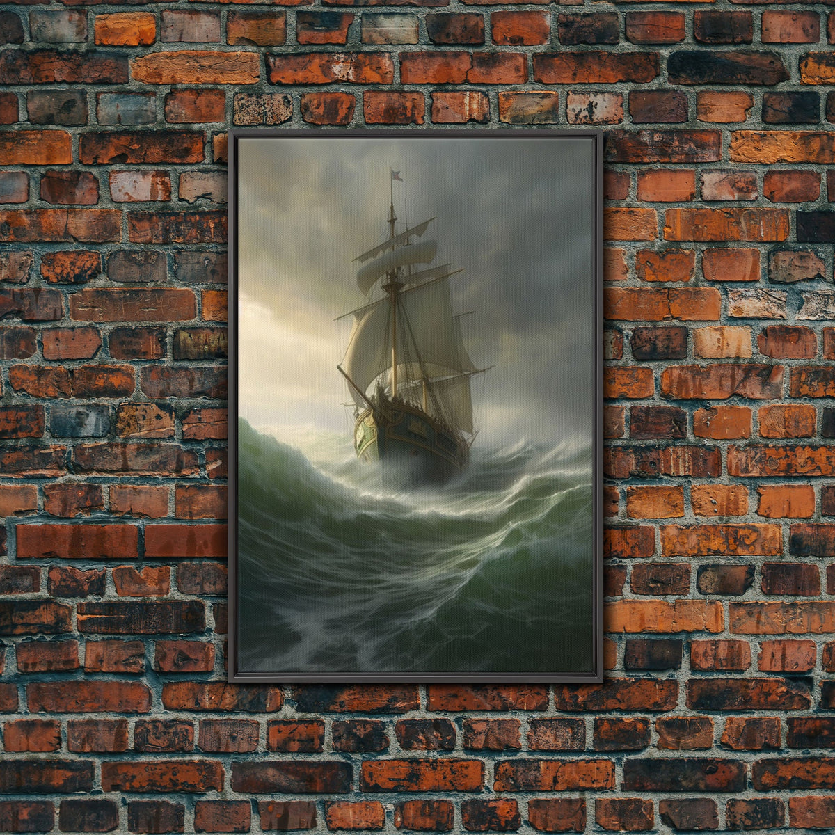 Haunted Pirate Ghost Ship On Rough Seas, Framed Canvas Print