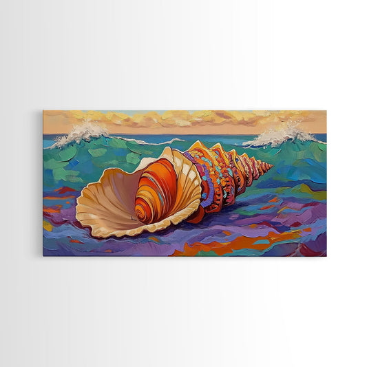 Seashell Ocean, Beach, Canvas Print, Nautical Bathroom Wall Art, Vibrant Marine Painting