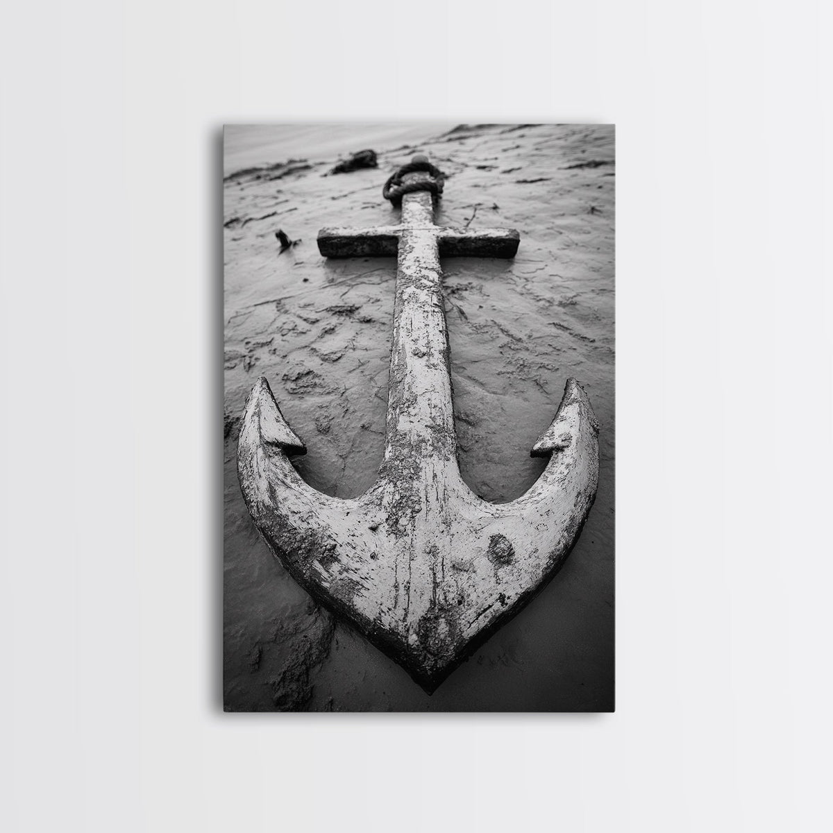 Abandoned Anchor, Nautical Decor, Black White Beach, Framed Canvas Print, Rustic