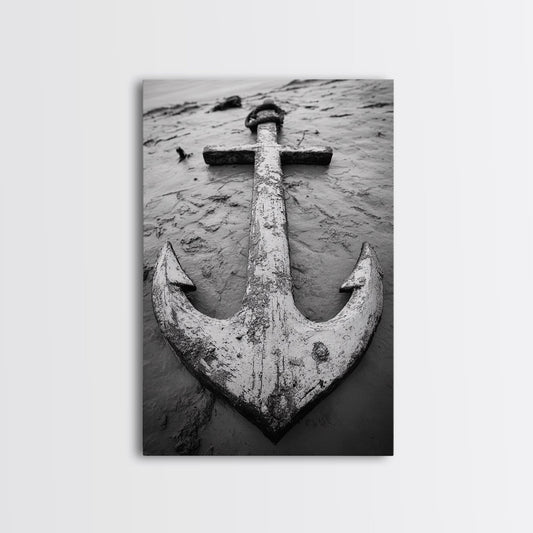 Abandoned Anchor, Nautical Decor, Black White Beach, Framed Canvas Print, Rustic