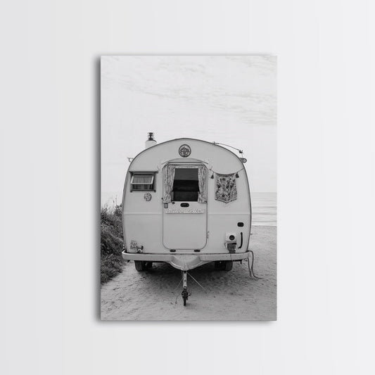Camper, Vintage, Beach, Boho - Coastal trailer life, Framed Canvas Print,black white