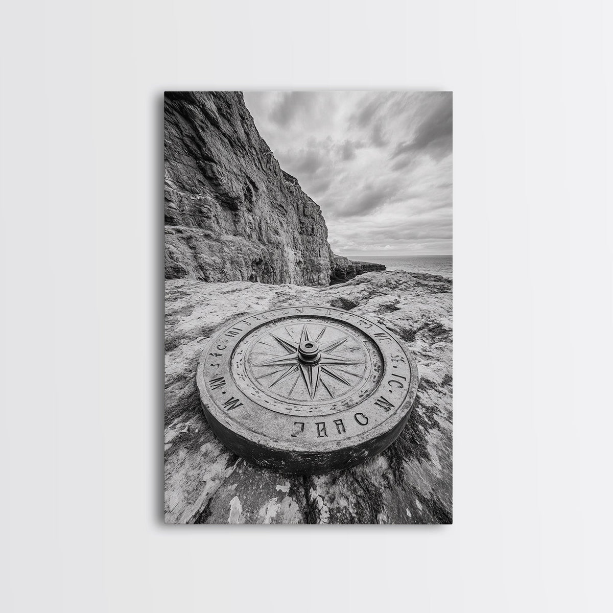 Compass On Cliff, Adventure Travel Art, Nautical Wall Decor, Framed Canvas Print