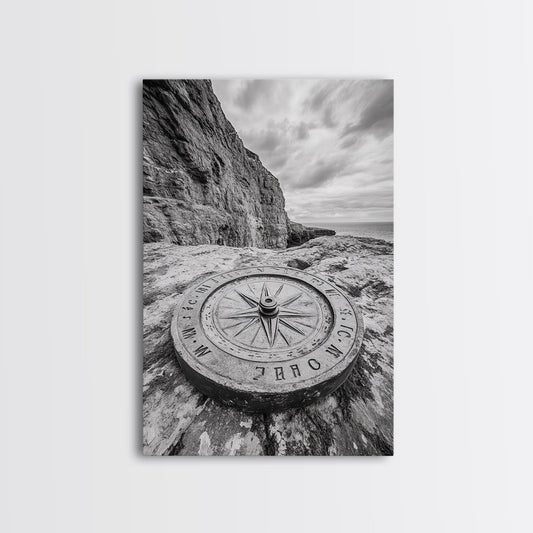 Compass On Cliff, Adventure Travel Art, Nautical Wall Decor, Framed Canvas Print