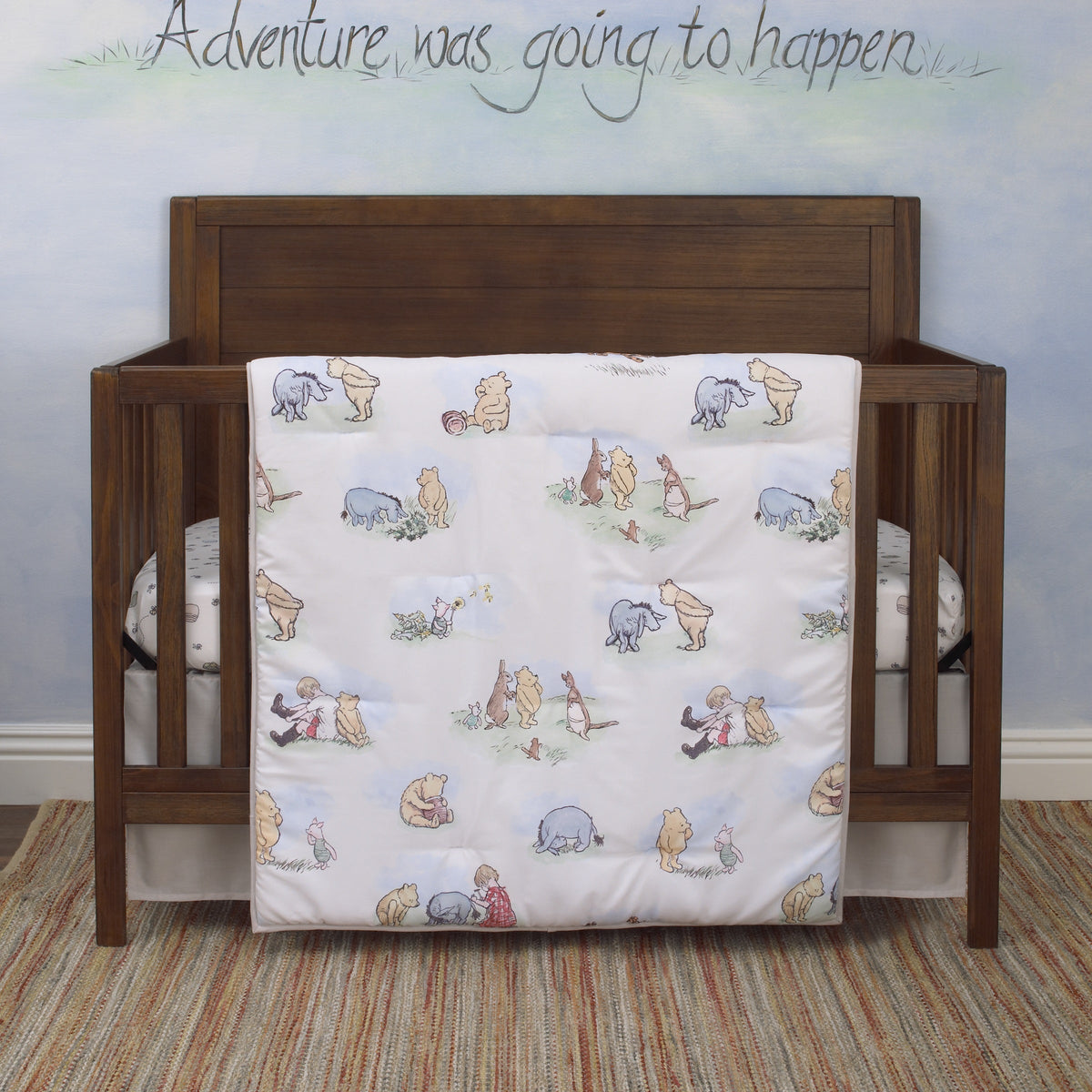 Disney Winnie the Pooh Ivory, Blue, Sage, Tan Storybook 6 Piece Nursery Crib Set