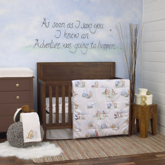 Disney Winnie the Pooh Ivory, Blue, Sage, Tan Storybook 6 Piece Nursery Crib Set