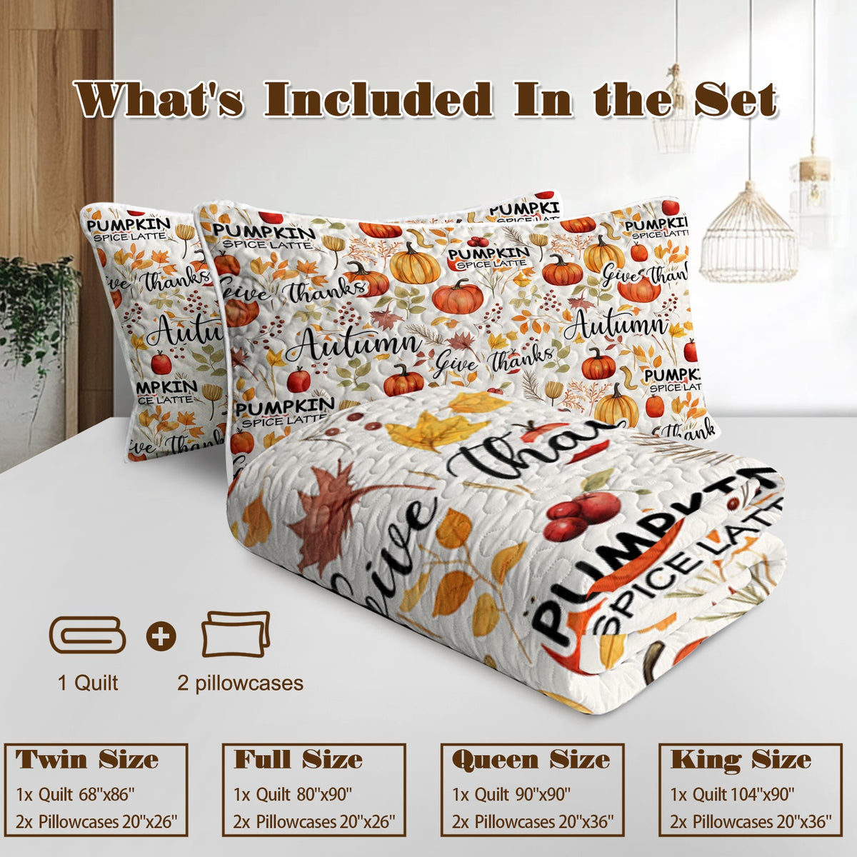3pcs Pumpkin Autumn Leaves Design Quilt Set All Seasons Bedding Quilt Bed Set With 2 Pillowcases For Kids Teens Adults Bedroom