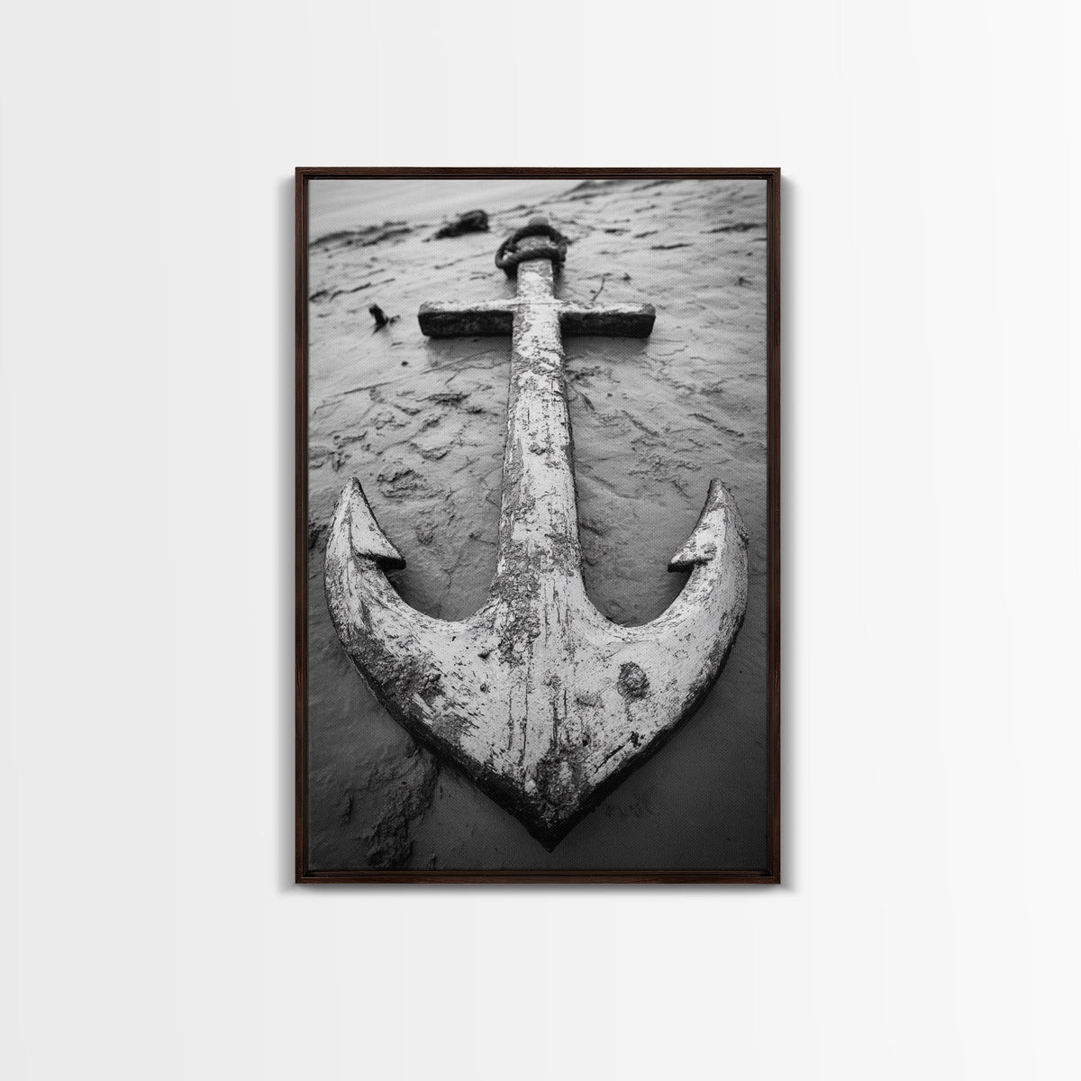 Abandoned Anchor, Nautical Decor, Black White Beach, Framed Canvas Print, Rustic