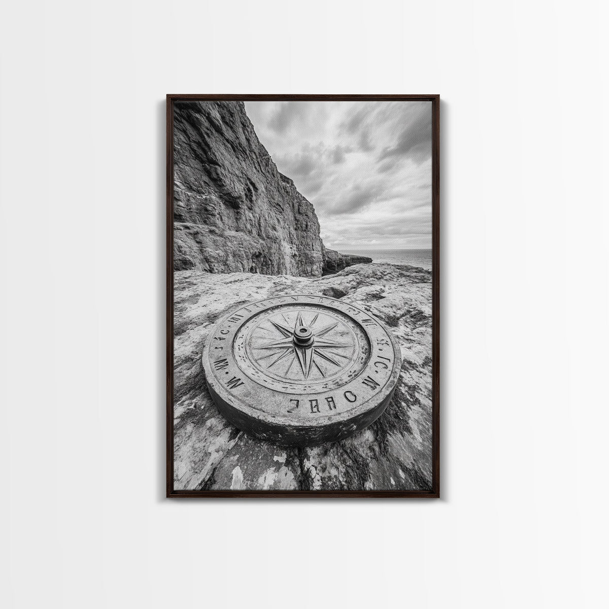 Compass On Cliff, Adventure Travel Art, Nautical Wall Decor, Framed Canvas Print