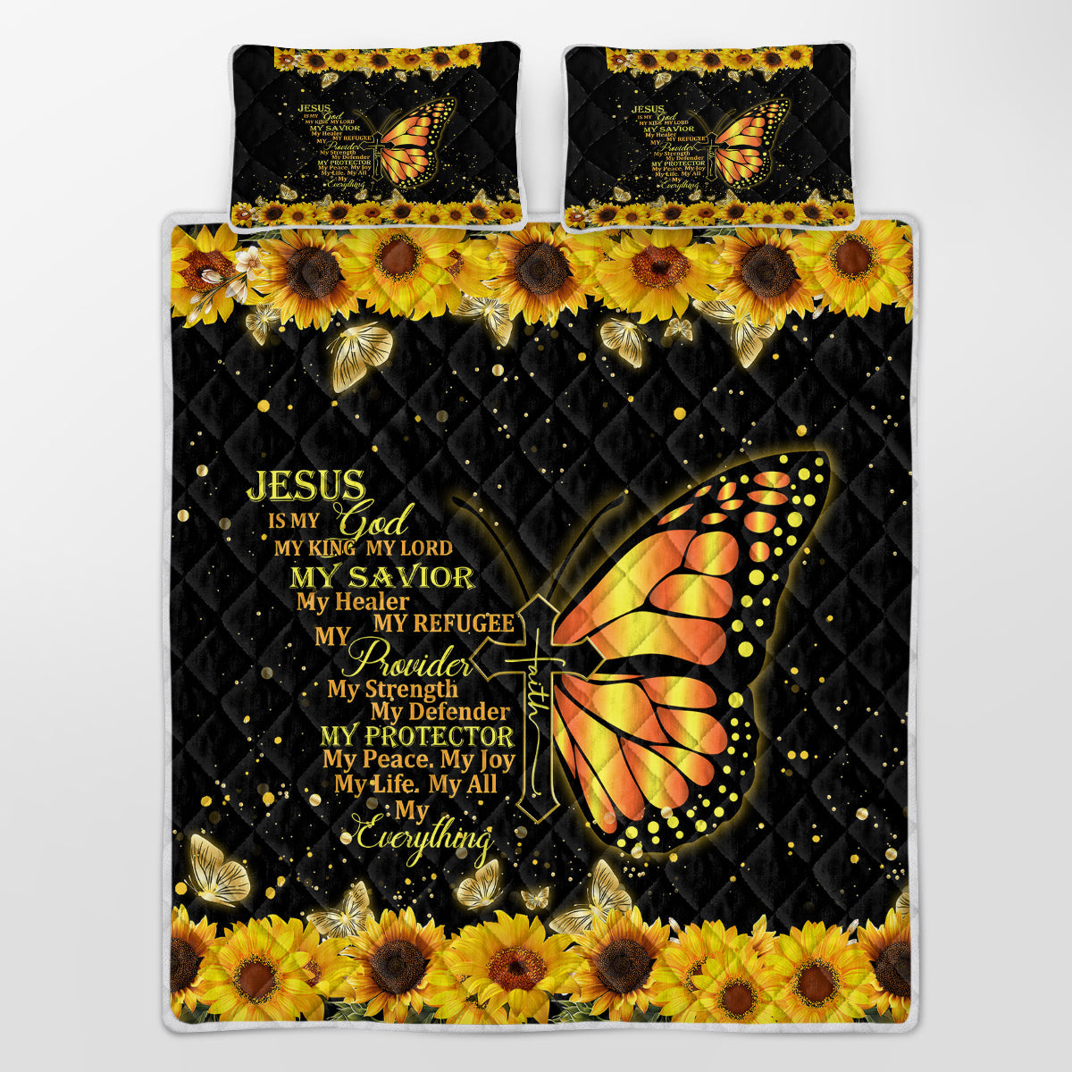 3pcs Sunflower Butterfly Cross Black Gold Color Soft Thick Warm Bedding Bedding For All Seasons 1 Quilt 2 Pillowcases