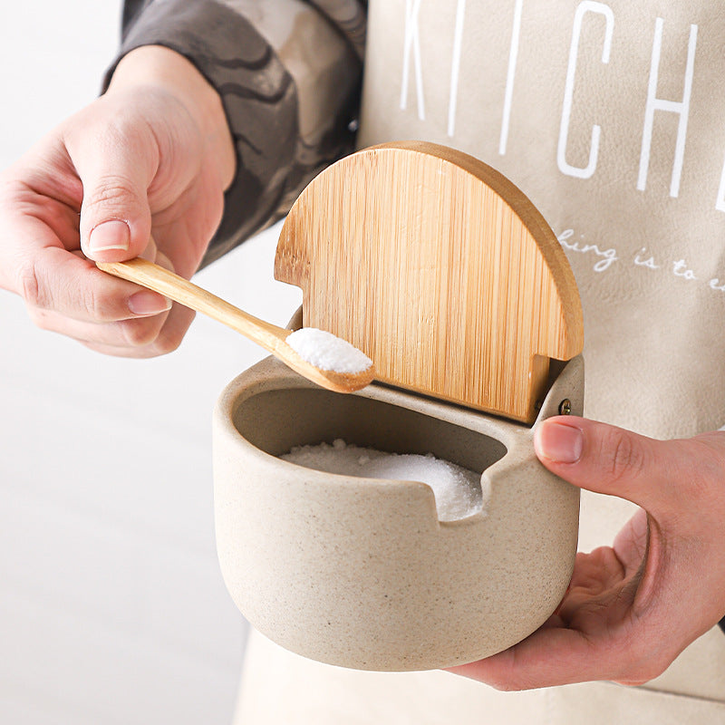 Japanese Ceramic Bamboo and Wood Lid Seasoning Jar Seasoning Box Kitchen Seasoning
