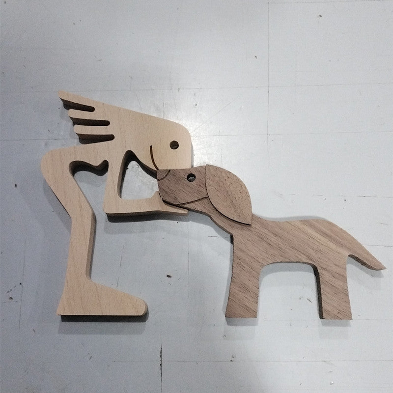 DIY Figurine Wood Dog Ornament Sculpture Home Decoration A Man A Dog Wood Sculpture