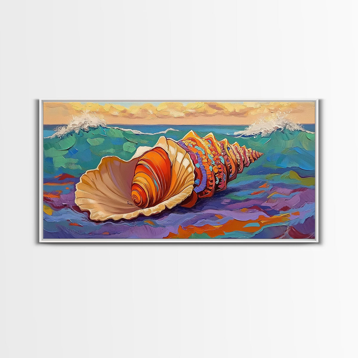 Seashell Ocean, Beach, Canvas Print, Nautical Bathroom Wall Art, Vibrant Marine Painting