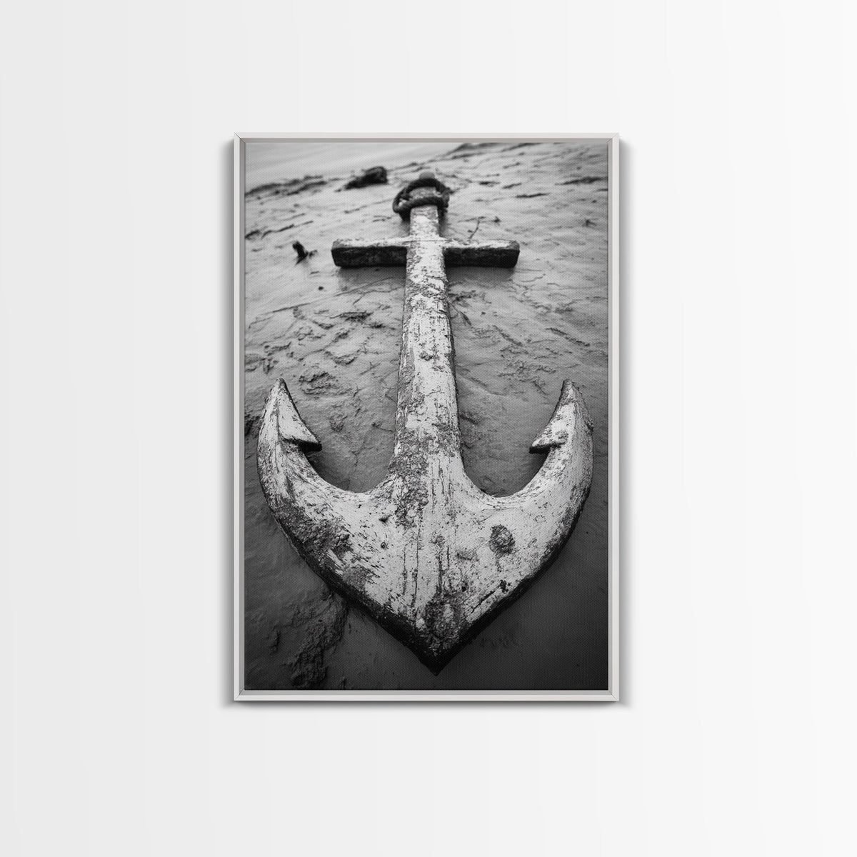 Abandoned Anchor, Nautical Decor, Black White Beach, Framed Canvas Print, Rustic