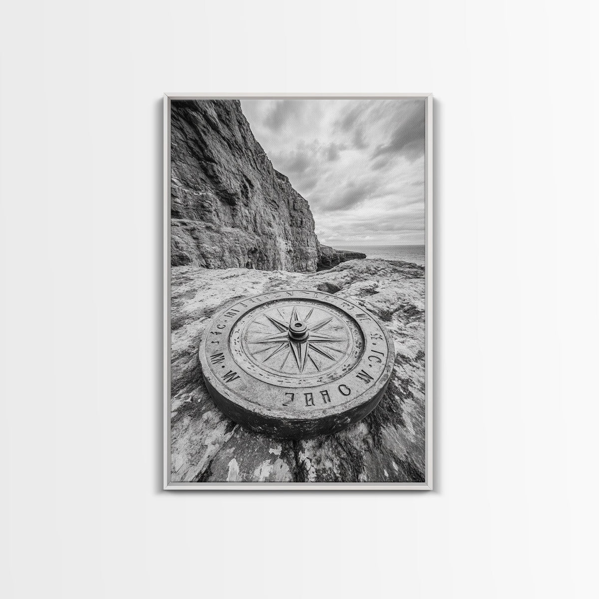 Compass On Cliff, Adventure Travel Art, Nautical Wall Decor, Framed Canvas Print
