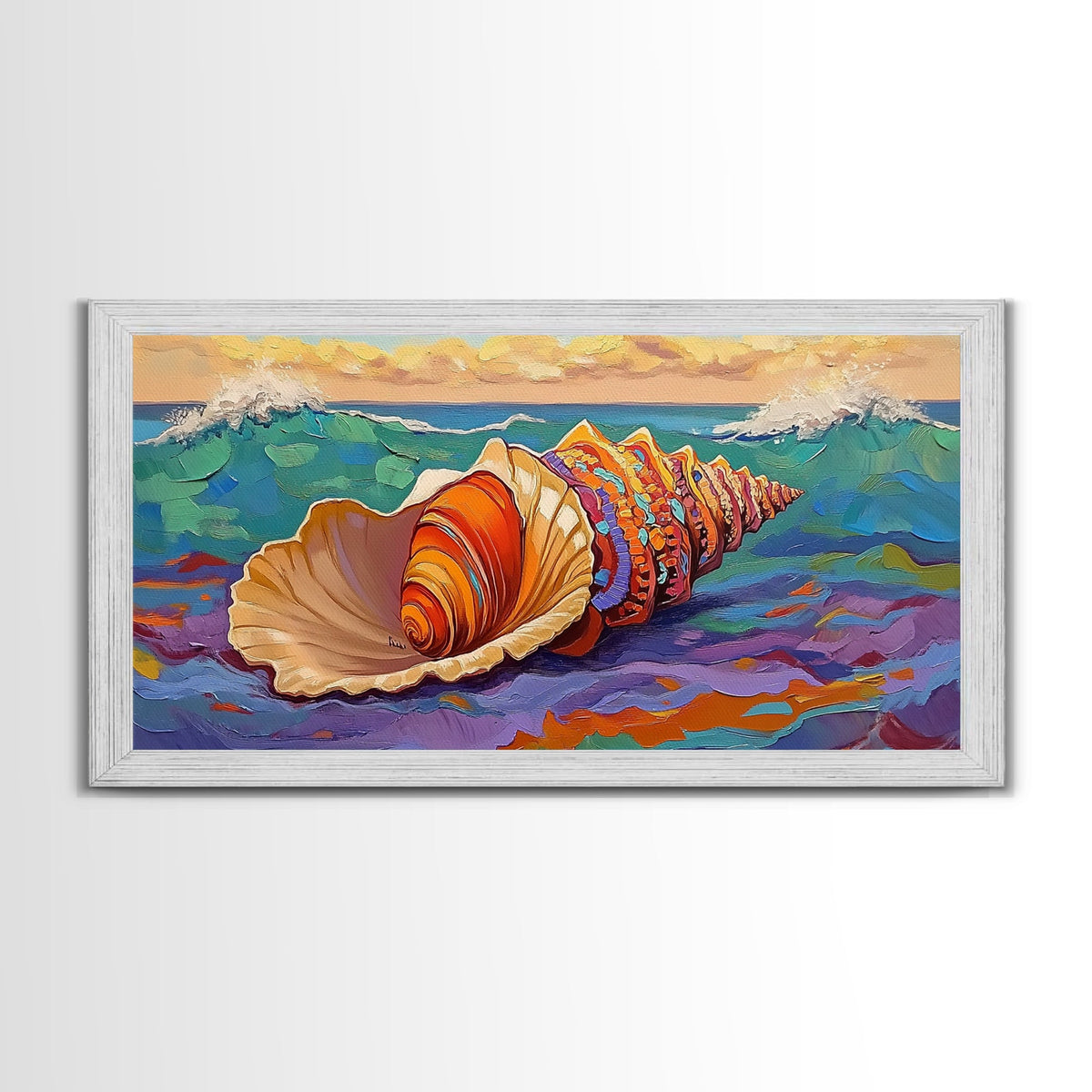 Seashell Ocean, Beach, Canvas Print, Nautical Bathroom Wall Art, Vibrant Marine Painting
