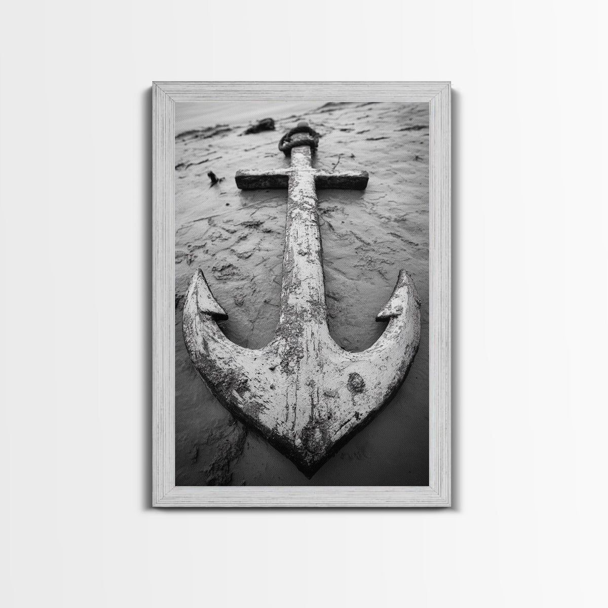 Abandoned Anchor, Nautical Decor, Black White Beach, Framed Canvas Print, Rustic