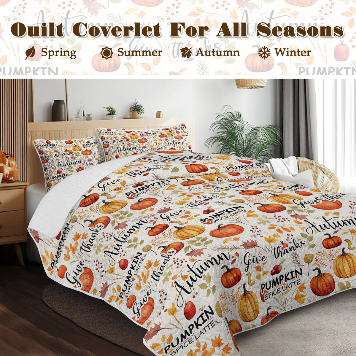 3pcs Pumpkin Autumn Leaves Design Quilt Set All Seasons Bedding Quilt Bed Set With 2 Pillowcases For Kids Teens Adults Bedroom