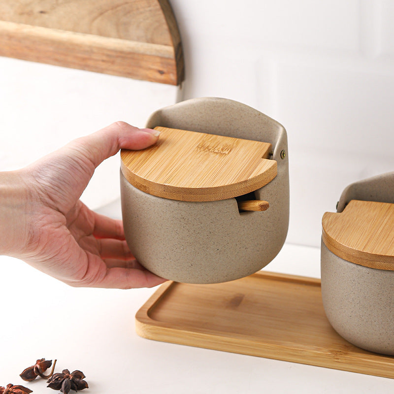 Japanese Ceramic Bamboo and Wood Lid Seasoning Jar Seasoning Box Kitchen Seasoning