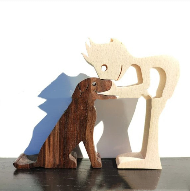 DIY Figurine Wood Dog Ornament Sculpture Home Decoration A Man A Dog Wood Sculpture