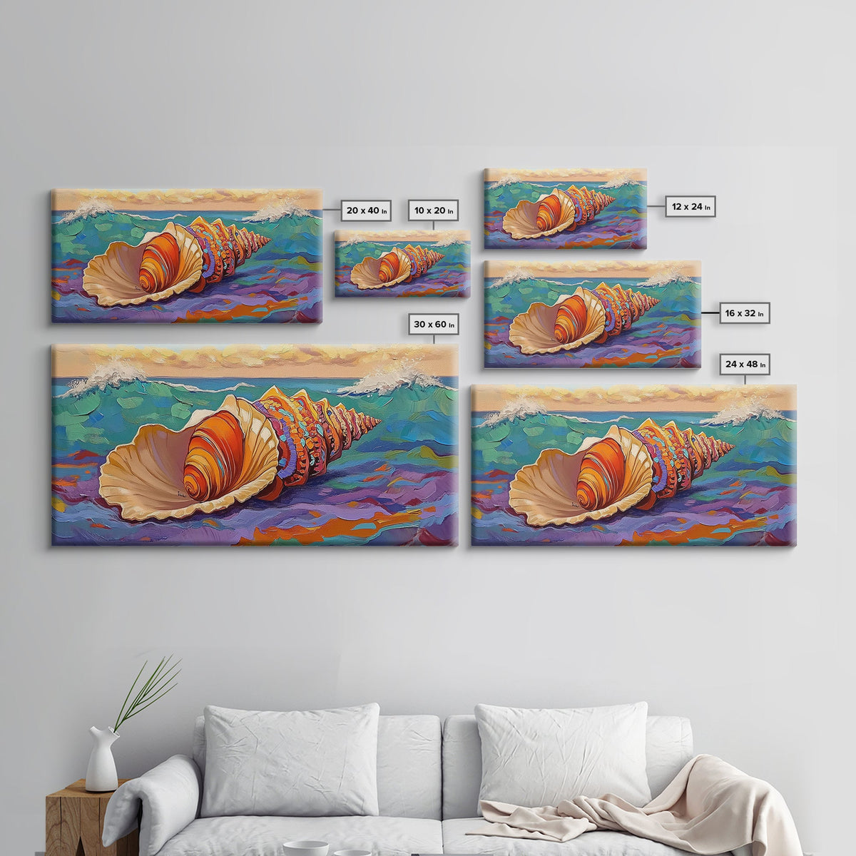 Seashell Ocean, Beach, Canvas Print, Nautical Bathroom Wall Art, Vibrant Marine Painting