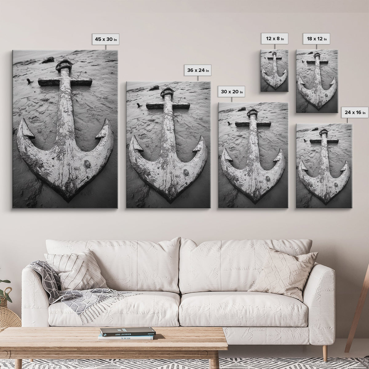 Abandoned Anchor, Nautical Decor, Black White Beach, Framed Canvas Print, Rustic